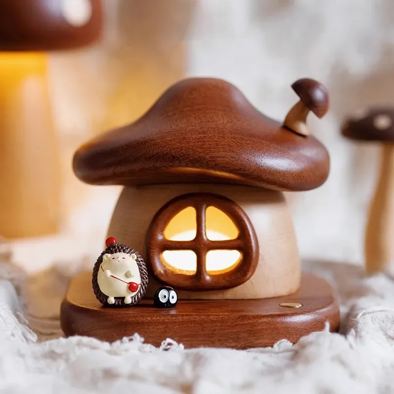 Rechargeable LED Mushroom Night Light Solid Wood Bedside Lamp Cute Ambient Lighting for Kids Room Bedroom Home Decor Ornament
