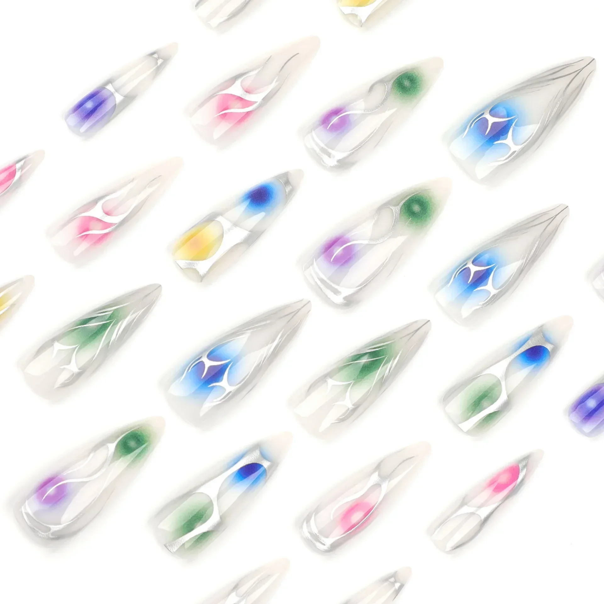 Colored Halo Dyeing Sweet Cool Silver Illusion Love Heart Long Pointed False Nails Detachable Finished Fake Nails Press on Nails