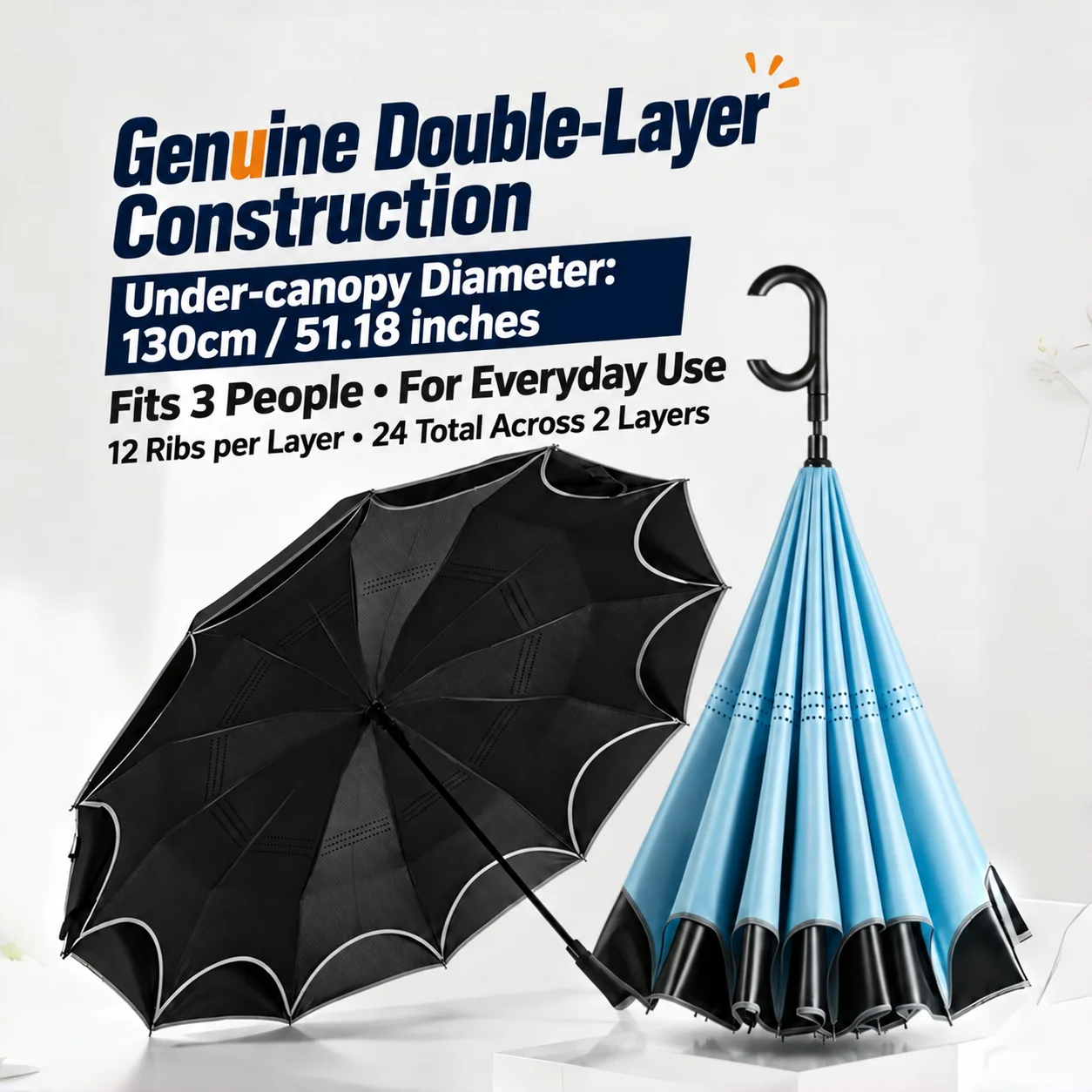 Wind-Resistant Reverse Umbrella, Double-Layer Automatic Folding Umbrella, Extra-Large 12-Rib Double-Layer Straight Reverse Umbrella, Long Handle, Unisex Sunshade Typhoon Umbrella, Car Umbrella