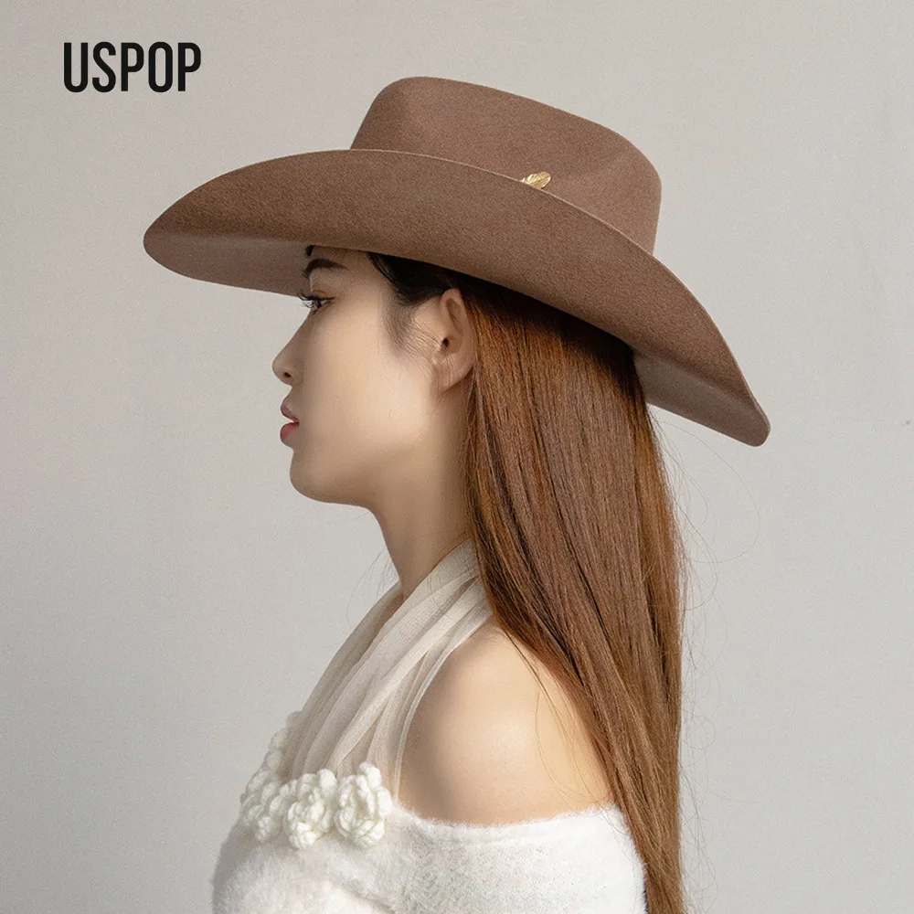 قبعة رعاة البقر من الصوف للجنسين من USPOP مع ربطة عنق على شكل أوراق شجر معدنية على الطراز الغربي بحافة واسعة في الهواء الطلق مقاسات M-XL #3