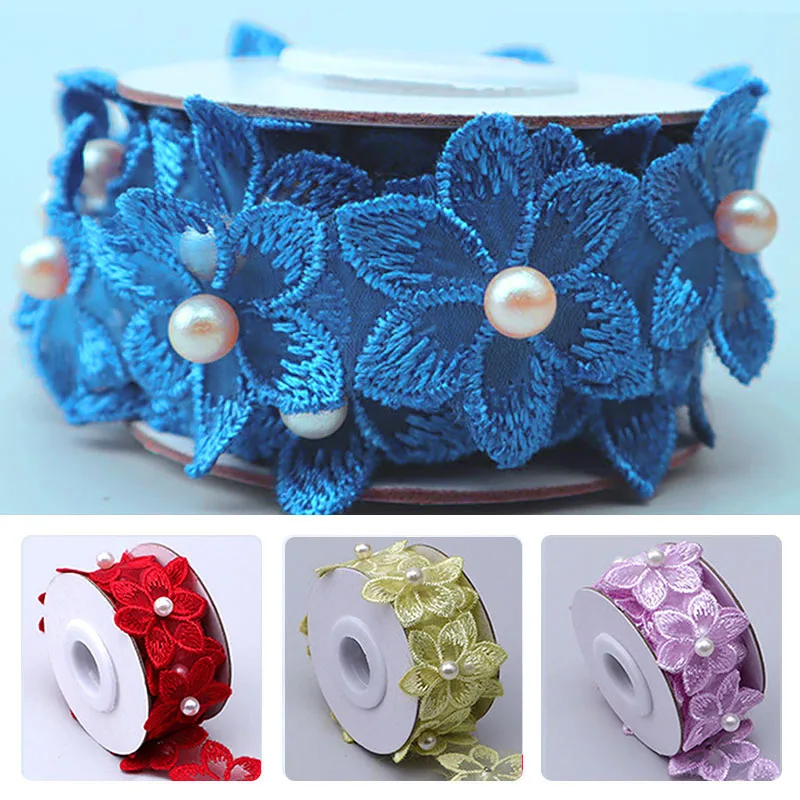 3, 5x50cm 3D kwiat perła koronki z kryształkami wstążka piękna haftowana Organza koronkowy wystrój sukienka kołnierz nakrycia głowy do szycia