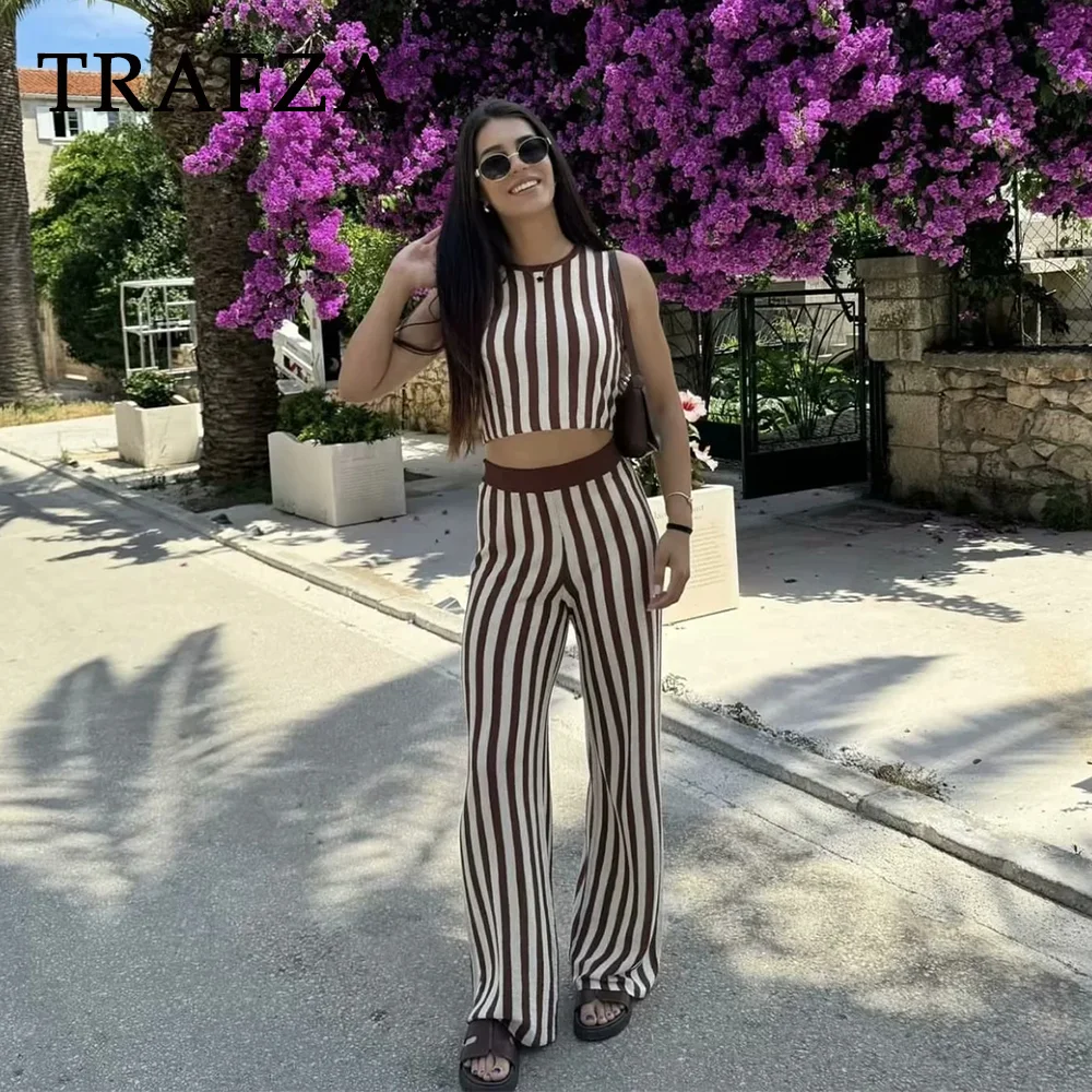 TRAFZA 2024 Spring Summer Vintage Knitted Striped Women Suits Fashion Casual O Neck Sleeveless Short Tops+High Waist Long Pants