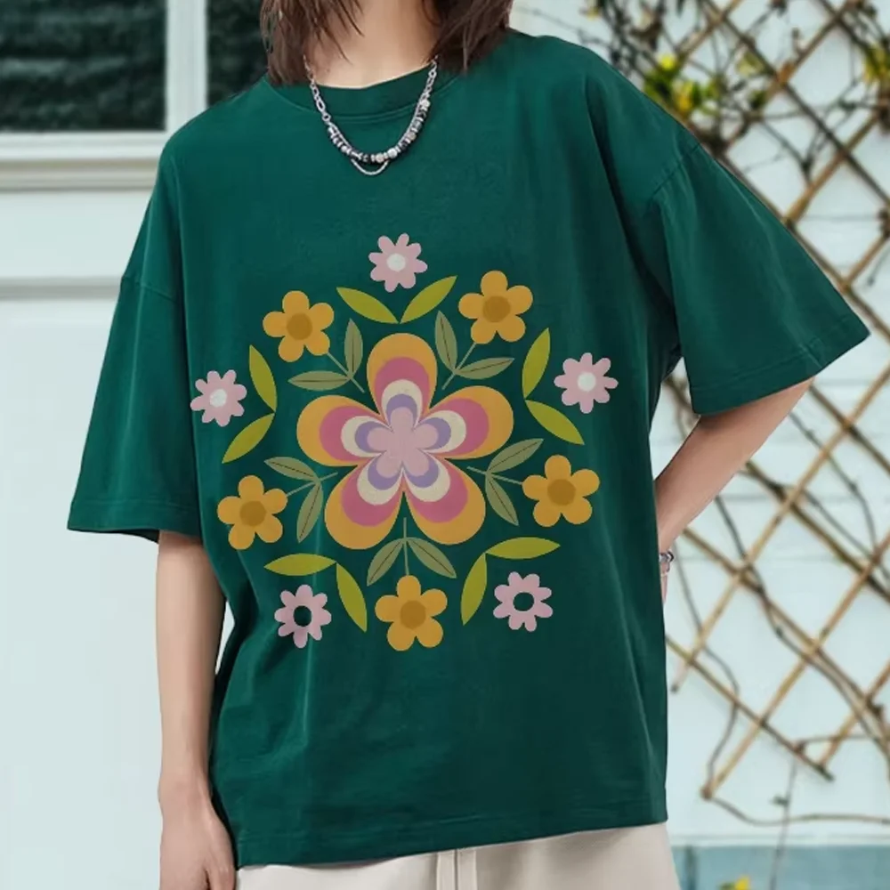 

Graphic T-Shirt Floral Print Boho Tee Y2k Style Washed Cottton Casual Top Soft Fabric Trendy Nature Design Artistic Vibe T-Shirt