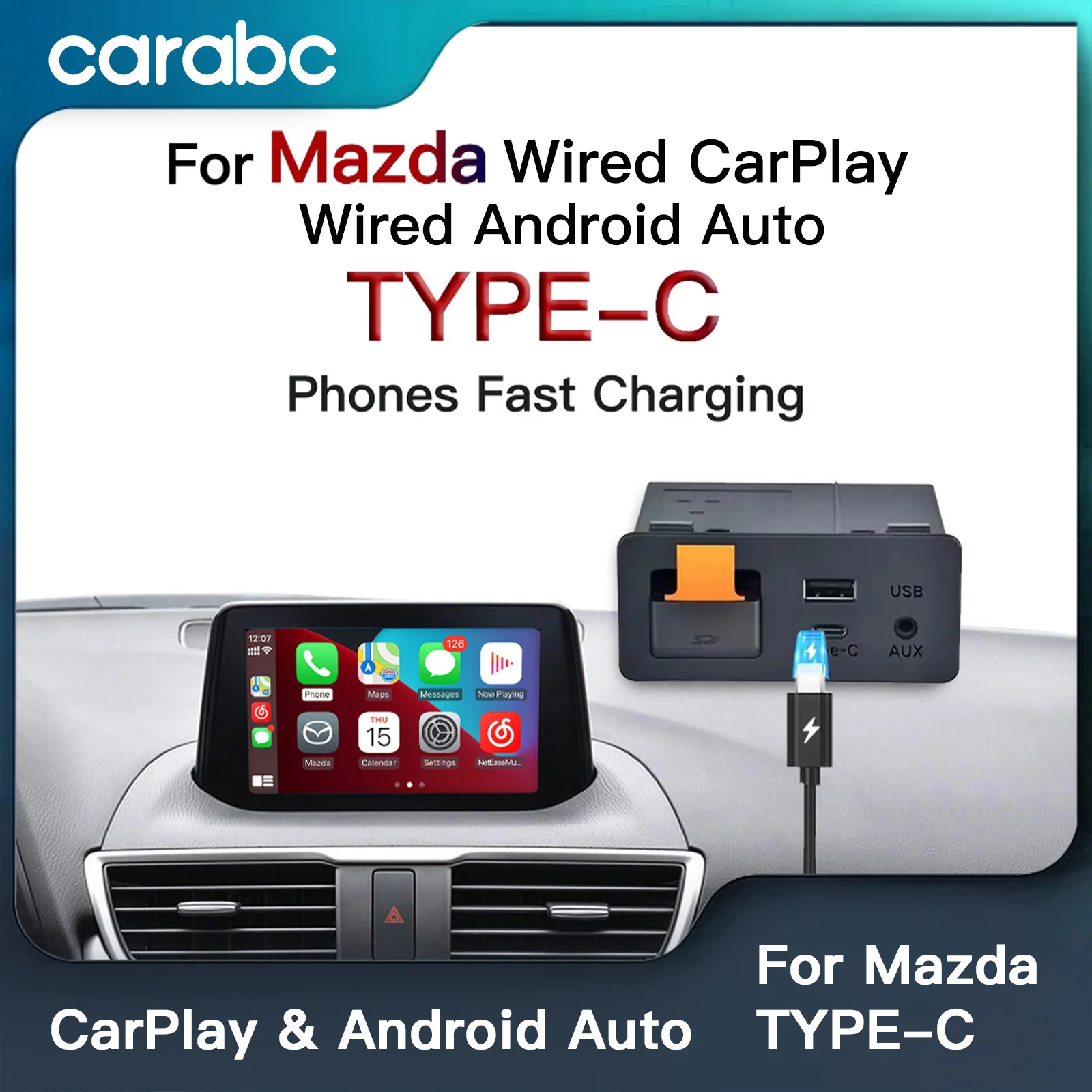 CARABC-TYPE-C CarPlay Android Auto HUB hub OEM Retrofit USB for Mazda 2 3 6 CX3 CX5 CX8 CX9 MX5 Miata Demio TK78669U0C Kit