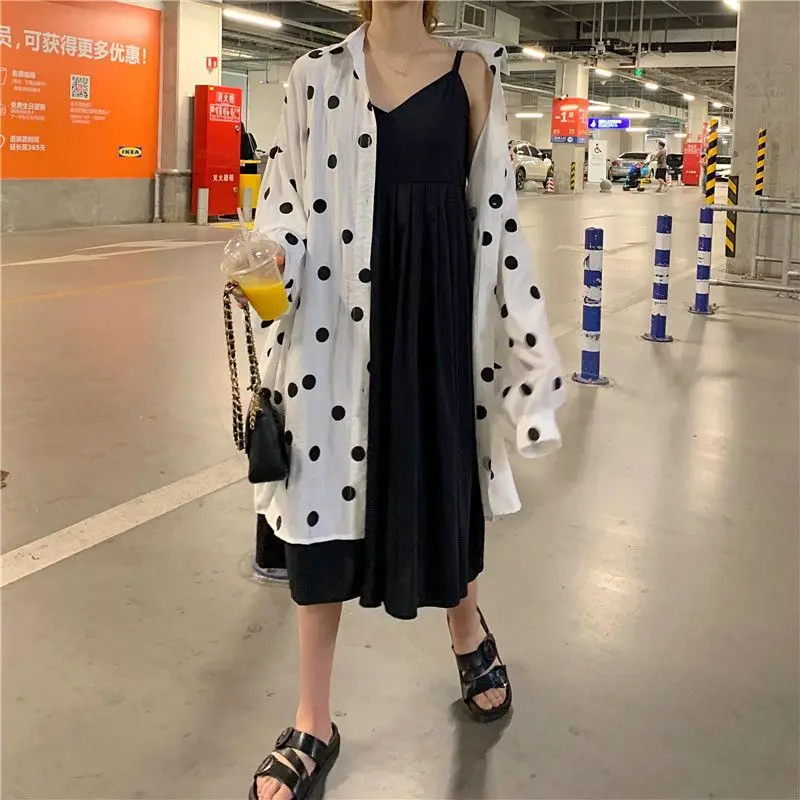 Fashion Turn-down Collar Sunscreen Shirt Casual Polka Dot Tops Dresses Printing New Matching Sets Office Lady Women's Clothing