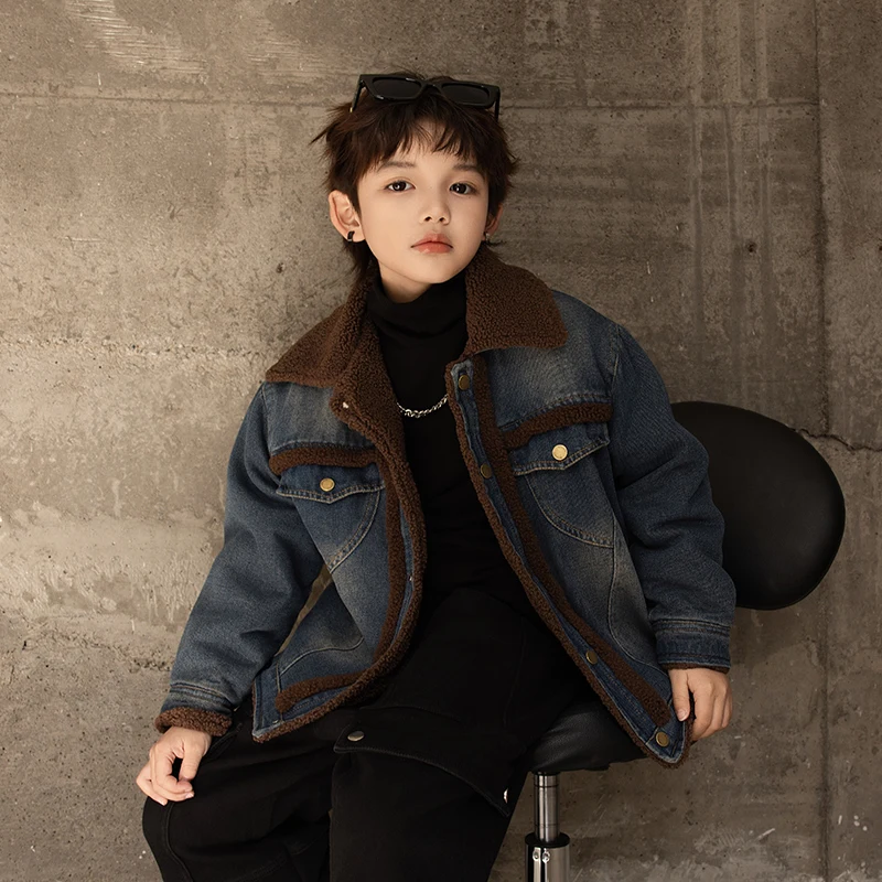 

Spring Boy Denim Parka Kids Warm Fur Lining Jacket Turn Down Collar Outwear For Toddler Children Cowboy Coat Cardigan TR354