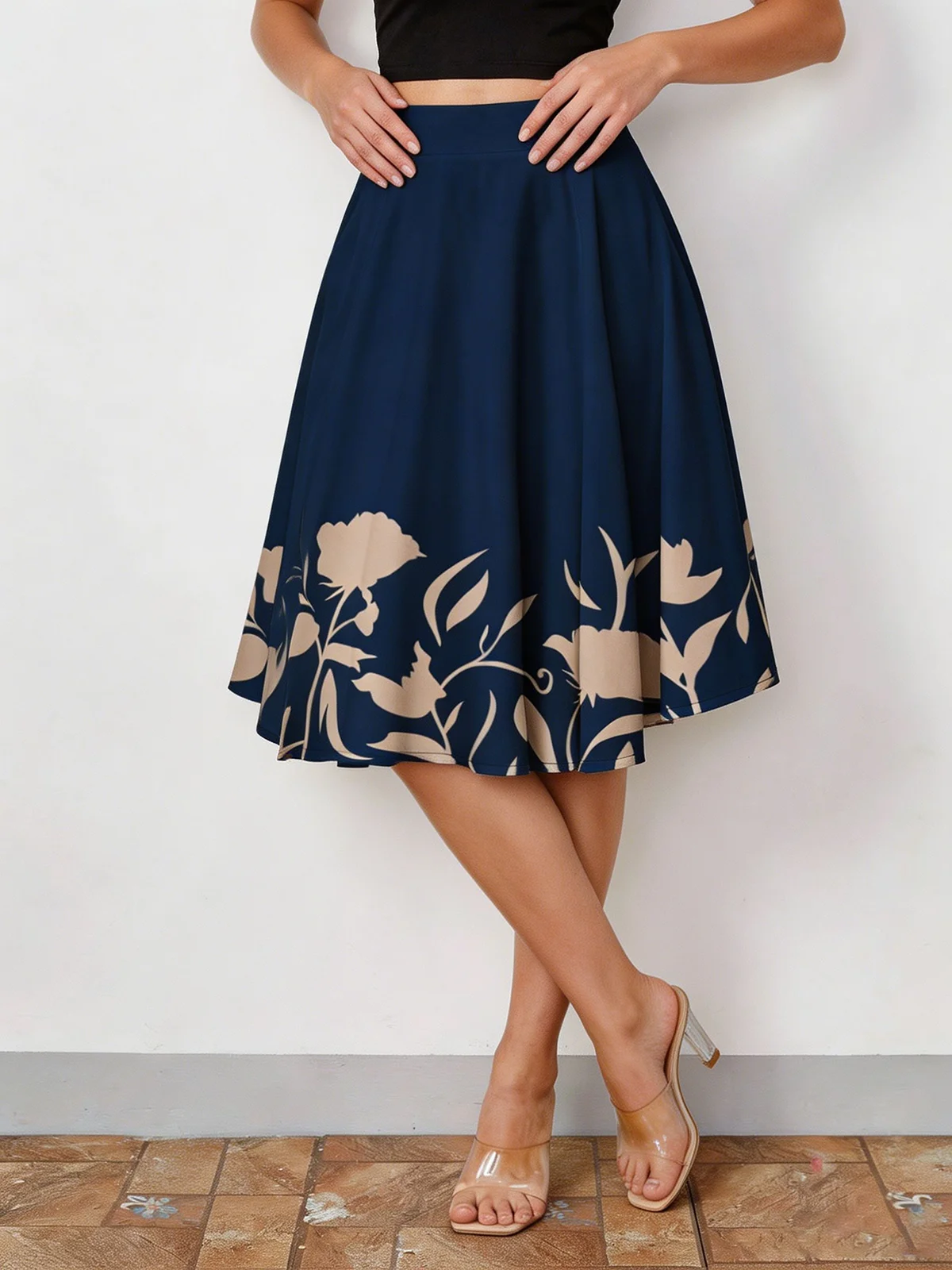 Angesagter Hochtaillierter A-Linien-Rock mit Marine-Blumenmuster, Midirock für Damen Büro & Alltag – Detail 5