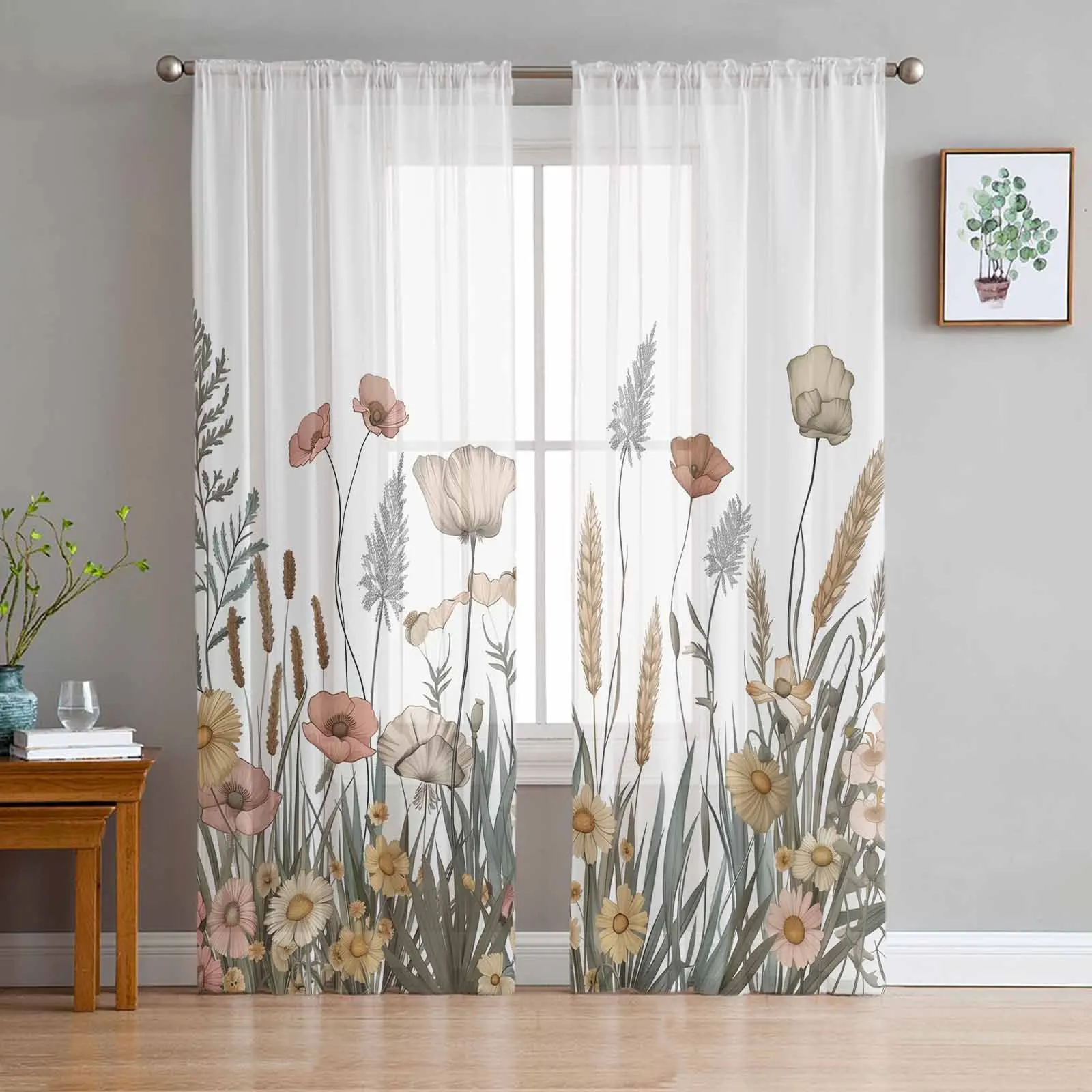 

Autumn Watercolor Flowers Ferns Reeds Sheer Curtain Living Room Drapes Home Bedroom Voile Curtain Tulle Window Curtain