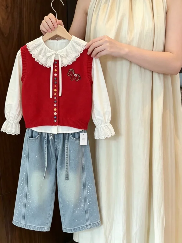 Girls' Autumn Multi-Color Button-Up Vest Doll Collar Shirt Wide Leg Pants Set Trendy Three-Piece Suit for Young Women