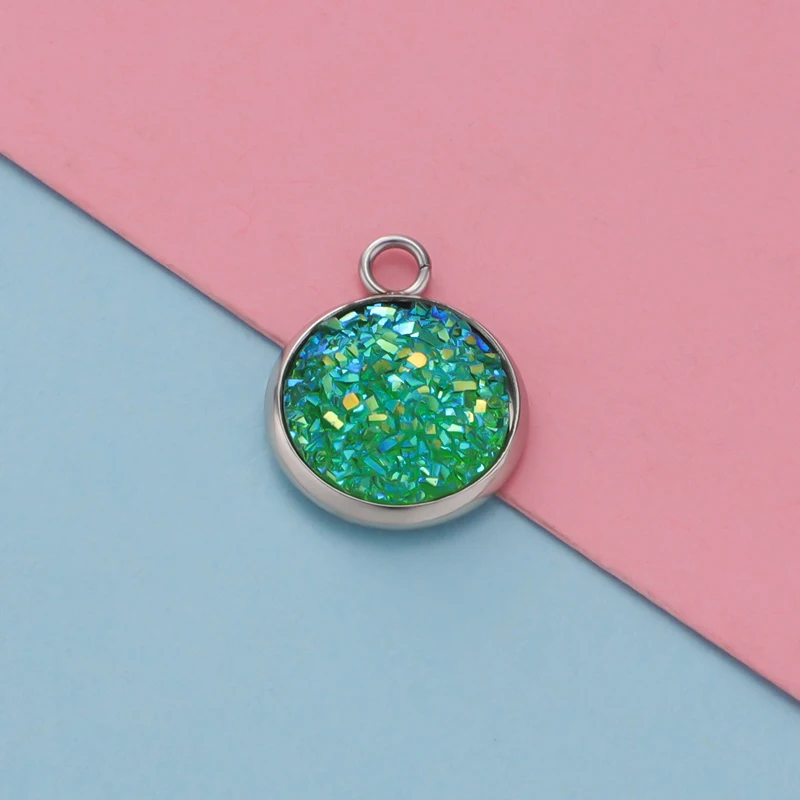 Fnixtar Stainless Steel Glitter Faux Druzy Resin Charm Pendant Colorful Round Charm For Girls DIY Jewelry 12mm 30piece/lot