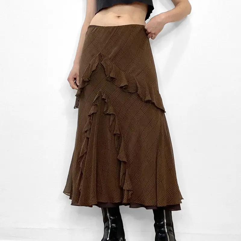 Long Skirts Ruffles Irregular Splicing Streetwear Chic Solid Bottoms Y2K Casual Aesthetic Vintage A-Line Skirt