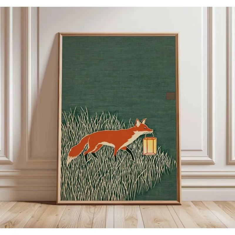 Fuchs-Kunstdruck, Tierposter im japanischen Stil, minimalistische Natur-Wandkunst, moderne Waldillustration, rustikale grüne Heimdekoration