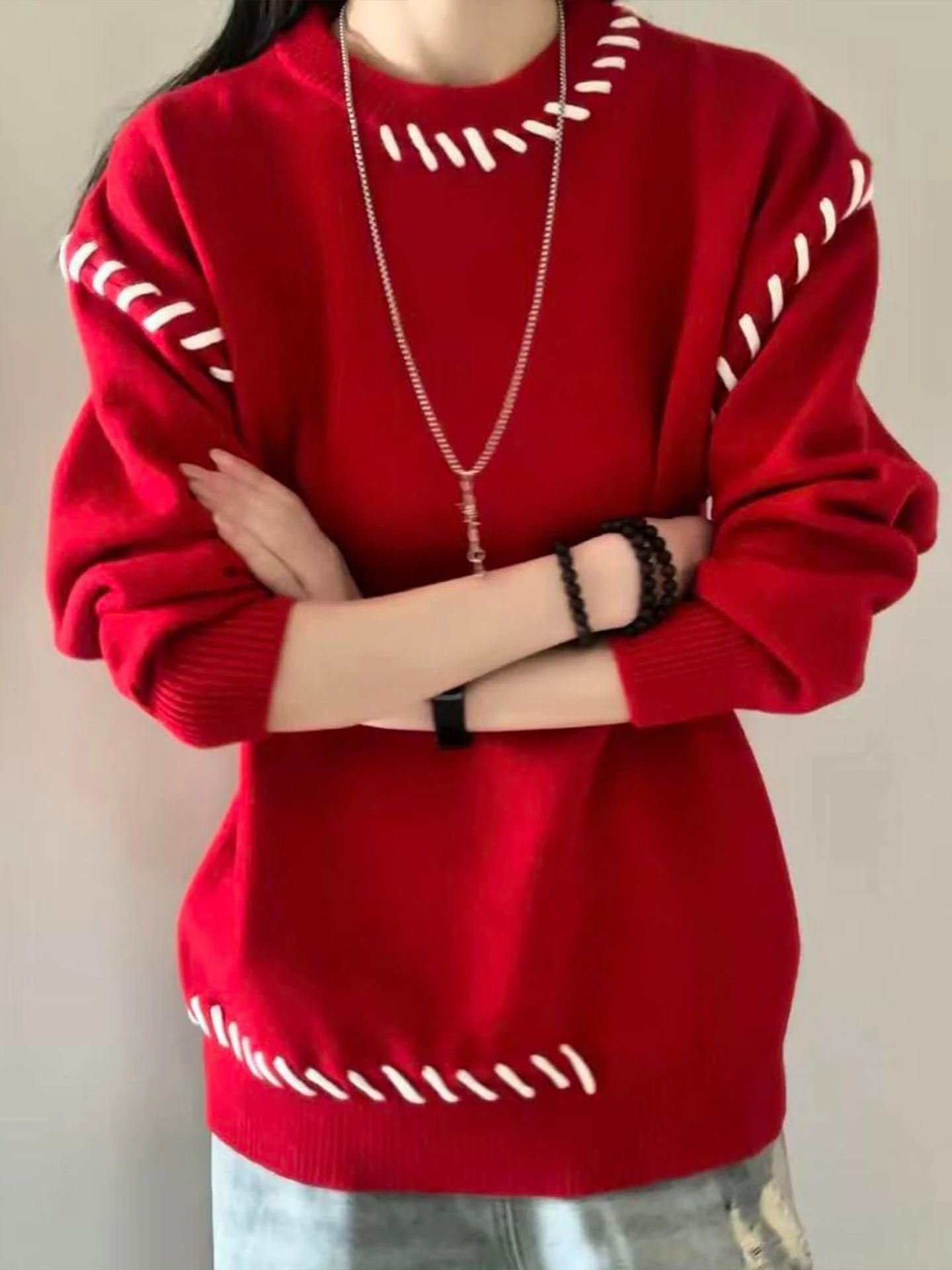 

Красный вязаный свитер мужской зимний, дизайн Cisas, круглый вырез, свободный крой, в американском стиле, одежда на каждый день