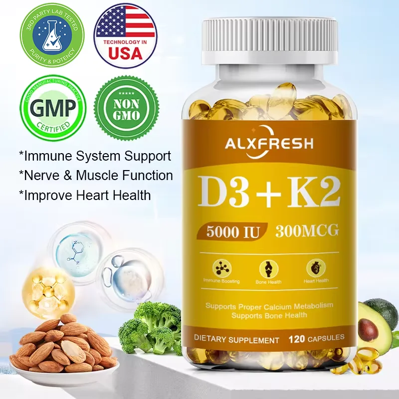 Vitamin D3+K2 5000 IU 300 MCG Vitamins Capsules | Non-GMO, Vegan, Nutural, Gluten-free | Health Supplement