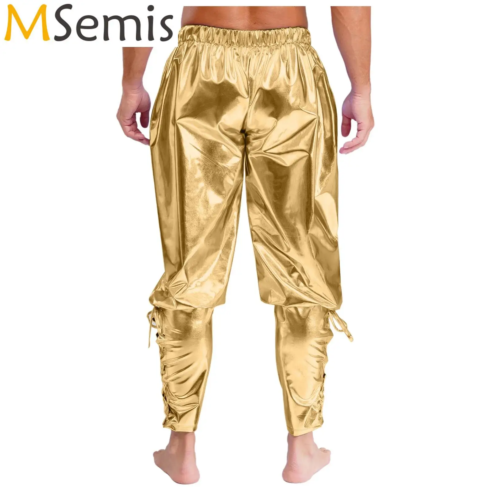 

Mens Viking Pirate Lace Up Tapered Trousers Shiny Metallic Ankle Banded Pants Medieval Renaissance Halloween Performance Costume