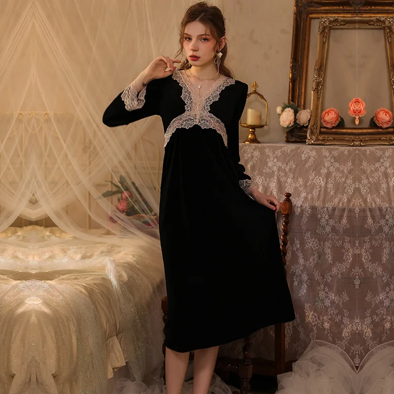 Women Nightgowns Sexy Lace V-Neck Winter Nightdress Woman Gold Velvet Warm Autumn Winter Long Sleeve Casual Sleepwear Home Wear