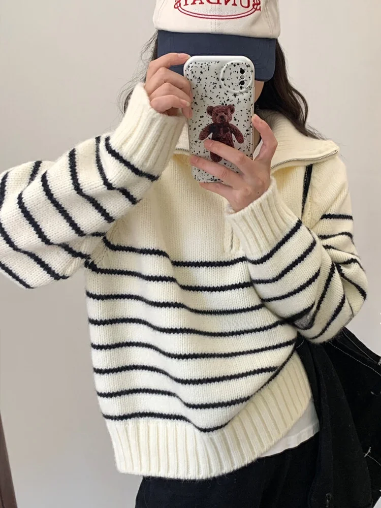 

Autumn Winter Half Zip High Collar Striped Sweater Women Student Versatile Design Knitted Shirt Korean Style Long Sleeve Loos...