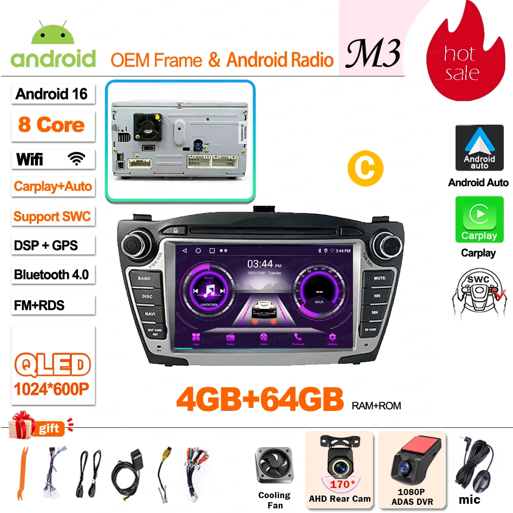 Android 16 Carplay voor Hyundai IX35 Tucson 2 LM 2009 - 2015 autoradio multimediaspeler QLED scherm GPS navigatie WiFi 5G