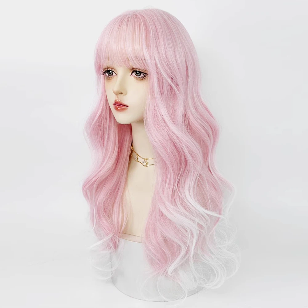 Synthetische lange gewellte Ombre rosa weiße Farbverlauf Frauen Perücken mit Pony natürliche flauschige Lolita Cosplay Haar Perücke für die tägliche