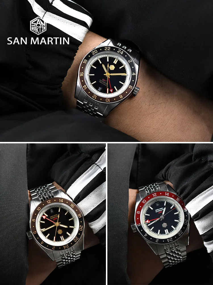 San martin novo 39.5mm nh34 gmt relógio masculino bidirecional moldura de alumínio luxo automático mecânico safira 10bar luminoso sn0116