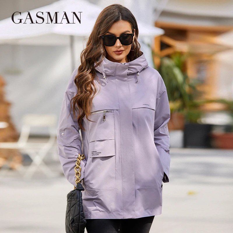 GASMAN 2022 New Women's trench coat printing short Fashion Casual Windproof jacket Hooded design Women windbreaker Outwear 8212
