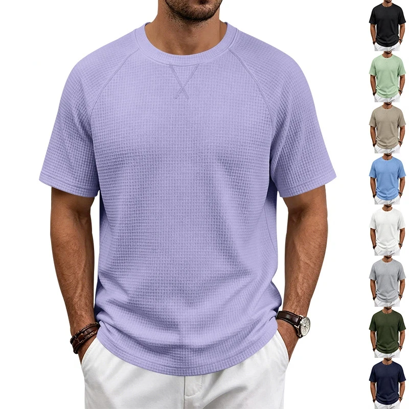 T-shirt gaufré homme été 2026 style européen et américain couleur unie coupe ample décontractée col rond manches courtes haut polyvalent pour homme