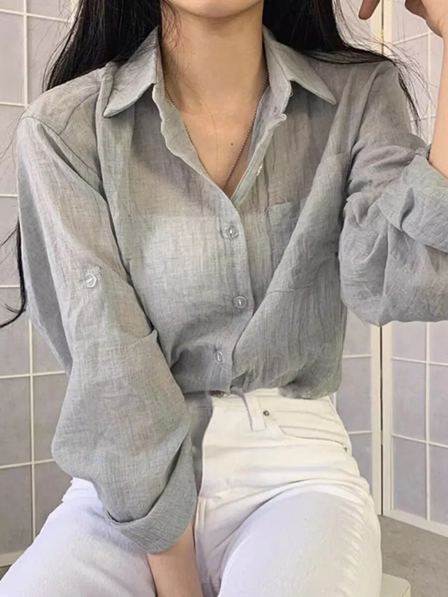 Summer Women's Loose Cotton Linen Shirt Long Sleeve Lightweight Sun Protection Fashionable  Style for Younger Looking