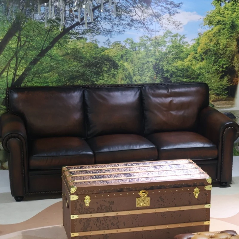 Sofa living room leather sofa three people, first layer cowhide oil wax leather sofa