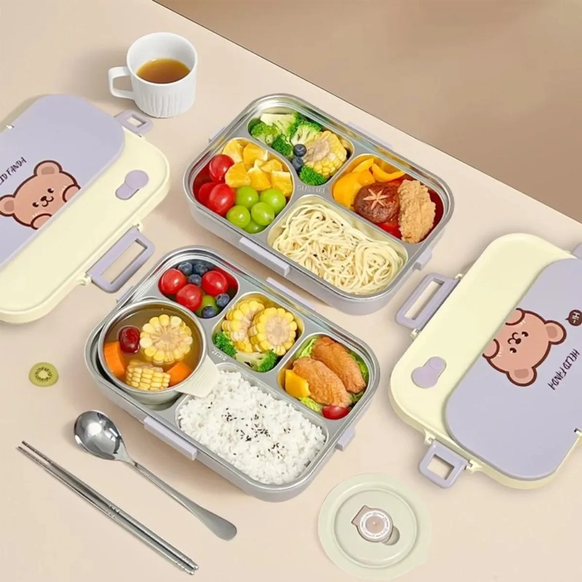 4/5 Grids 304 Stainless Steel Bento Lunch Box For Kids Students Heatable Cartoon Portable Sealed Food Container With Cutlery