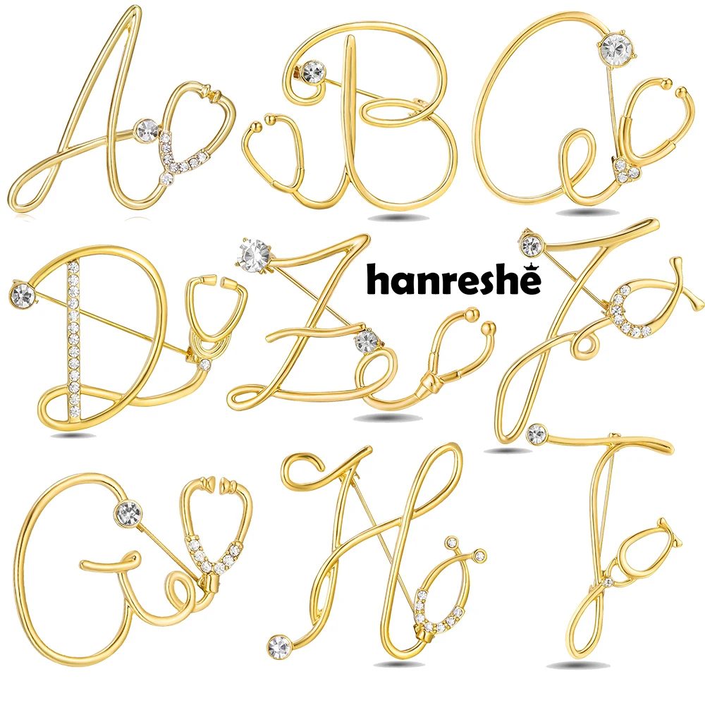 Hanreshe A-J Initials Brooches Medical Stethoscope Crystal Lapel Pins Jewelry for Doctor Nurse Badges Accessories Gifts