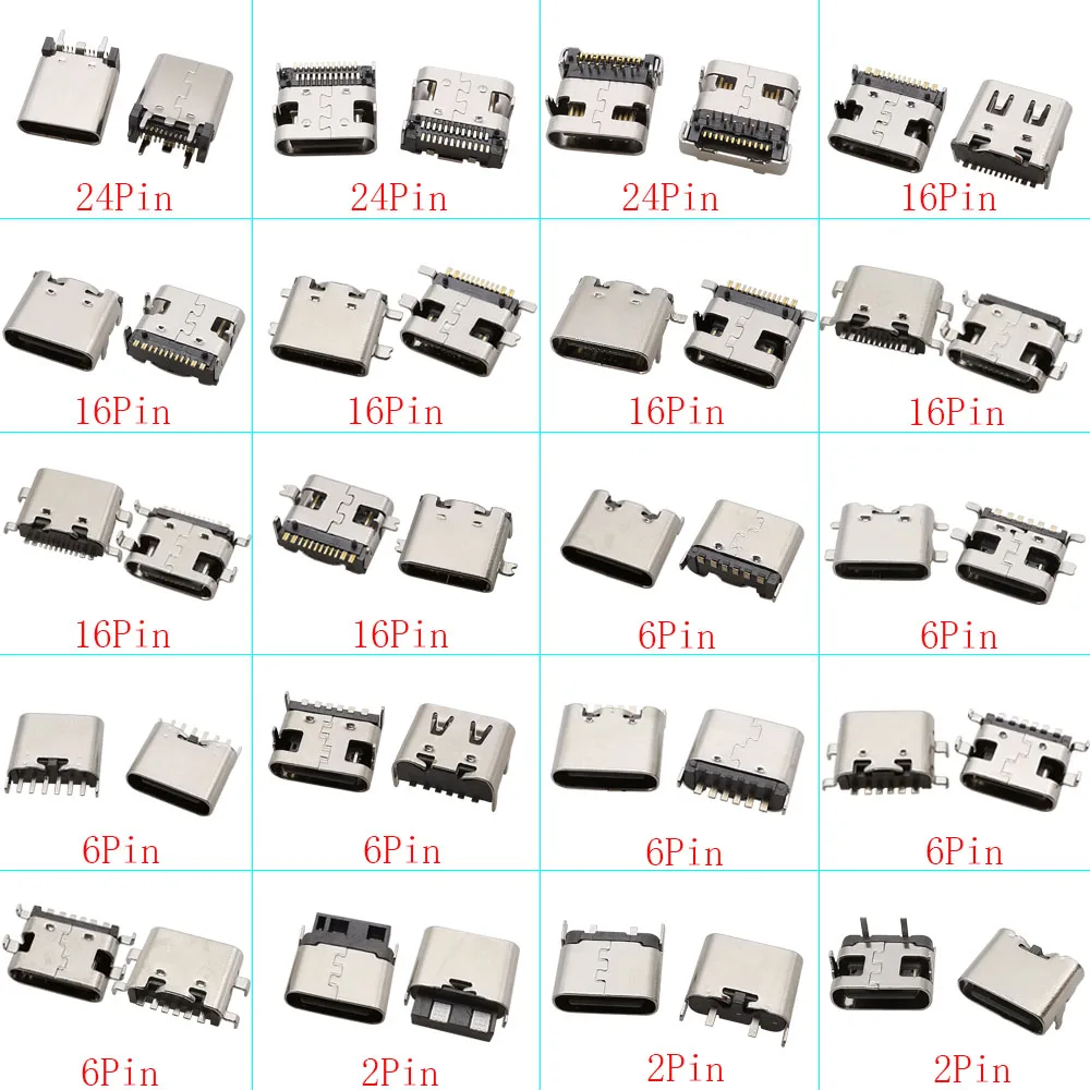 10Pcs USB Type-C 2/6/16/24Pin Female Charging Port Jack Connector SMD SMT PCB USB-C Socket Soldering Type Adapter DIY