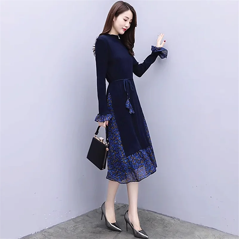 Warm Lady Floral Navy Blue Dresses 3XL Similar 2 Pieces Women Slim Waist Vintage Long Sleeve Knitted Print A-Line Spring Autumn