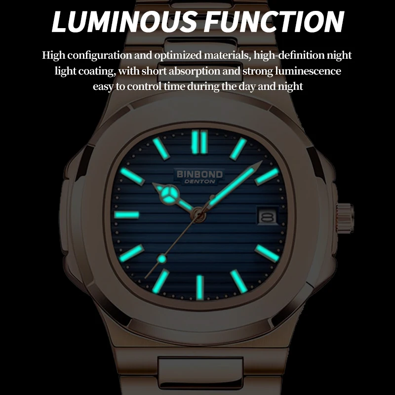 BINBOND 2024 New Luxury Fashion Business Man\'s Watch Automatic Date Luminous Waterproof Stainless Steel Men\'s Quartz Watchs +box