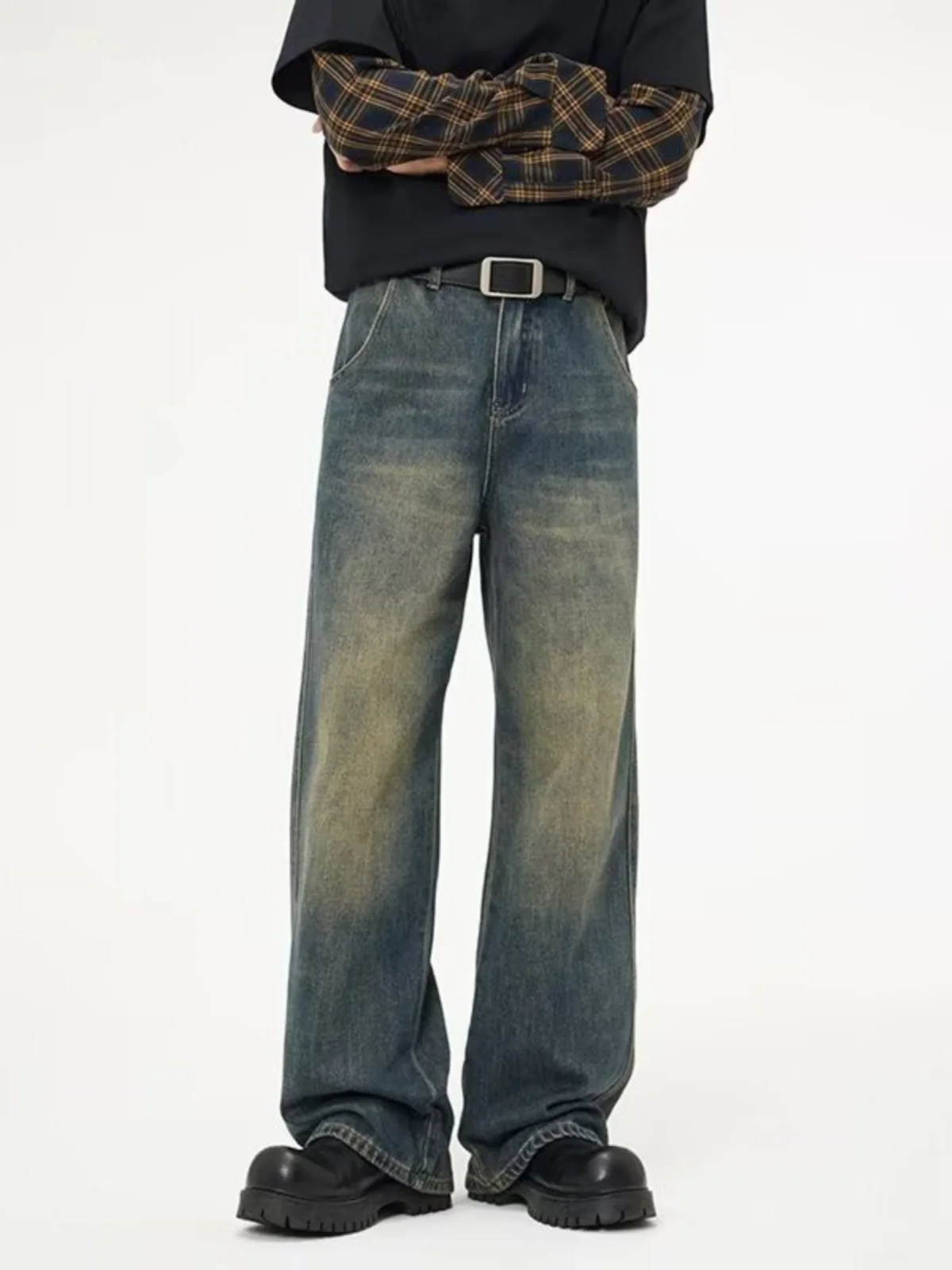 

American Sle Vintage Distred Loose Straight Leg Jeans Men Spring Autumn New Trendy Brand Cleanfit Casual Wide Leg Pants