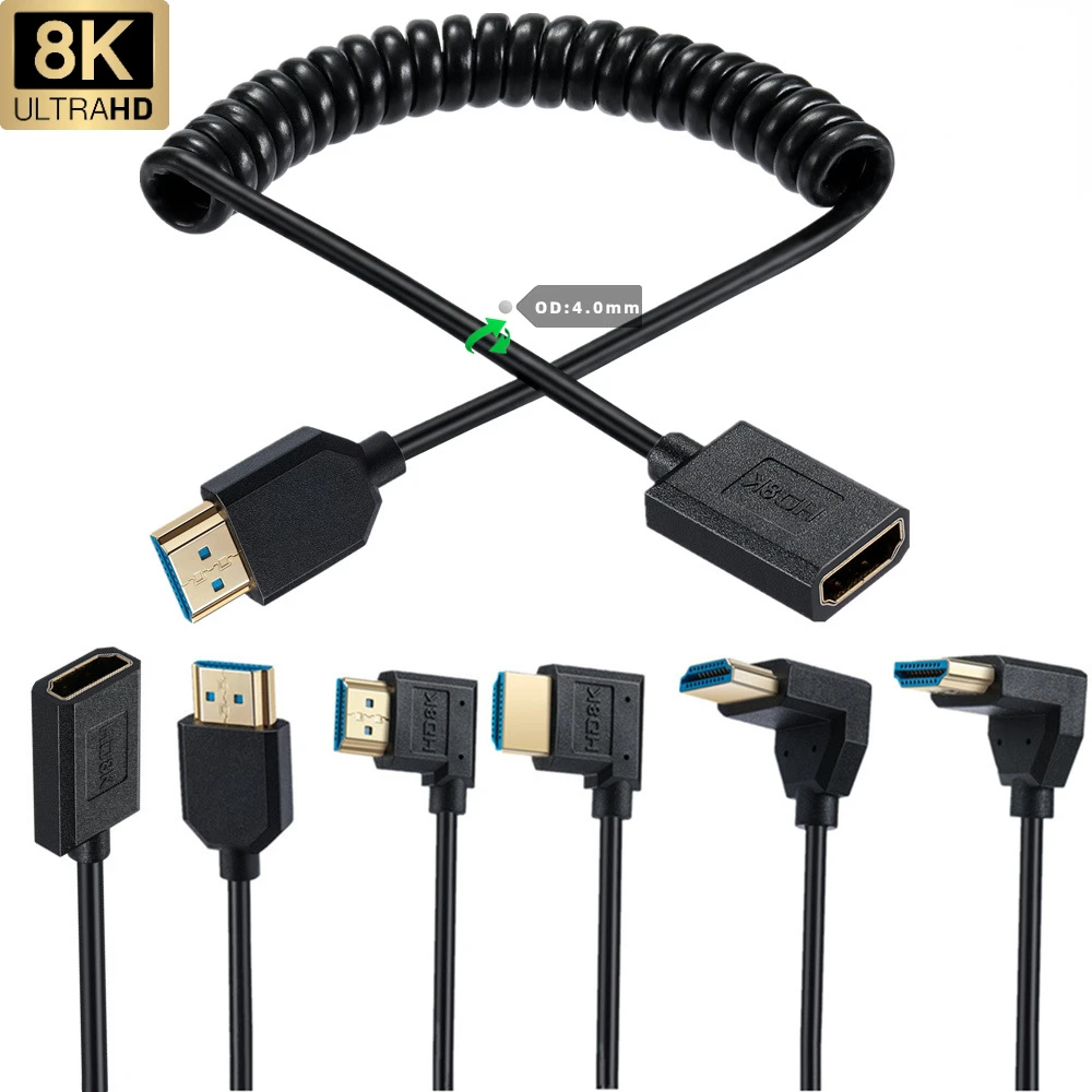 HDMI Coiled Cable  8K Super Flexible Slim HDMI High Speed Supports 48Gbps 3D 8K60 4K120 144Hz for Camera Monitor TV PS5 Monitor