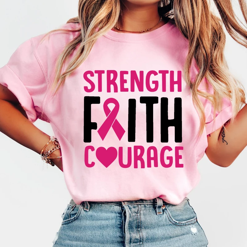 

Breast Cancer Awareness Strength Faith Courage Letter Printed T-Shirts Fashion Harajuku Women Summer Tee Shirt