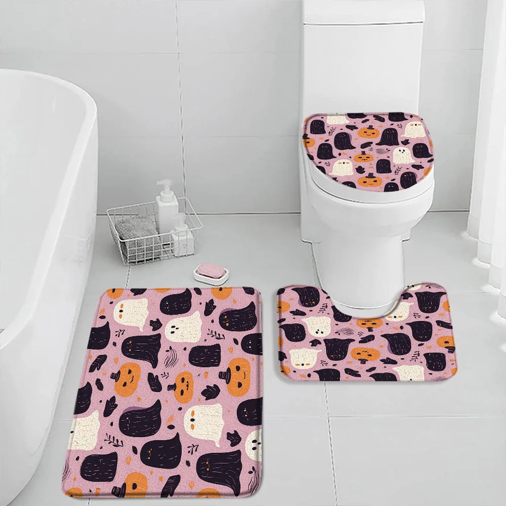 Cartoon Ghost Halloween Bath Mat Set Skull Witch Wizard Magic Pharacimist Pumpkin Boho Bath Decor Home Carpet Toilet Lid Cover