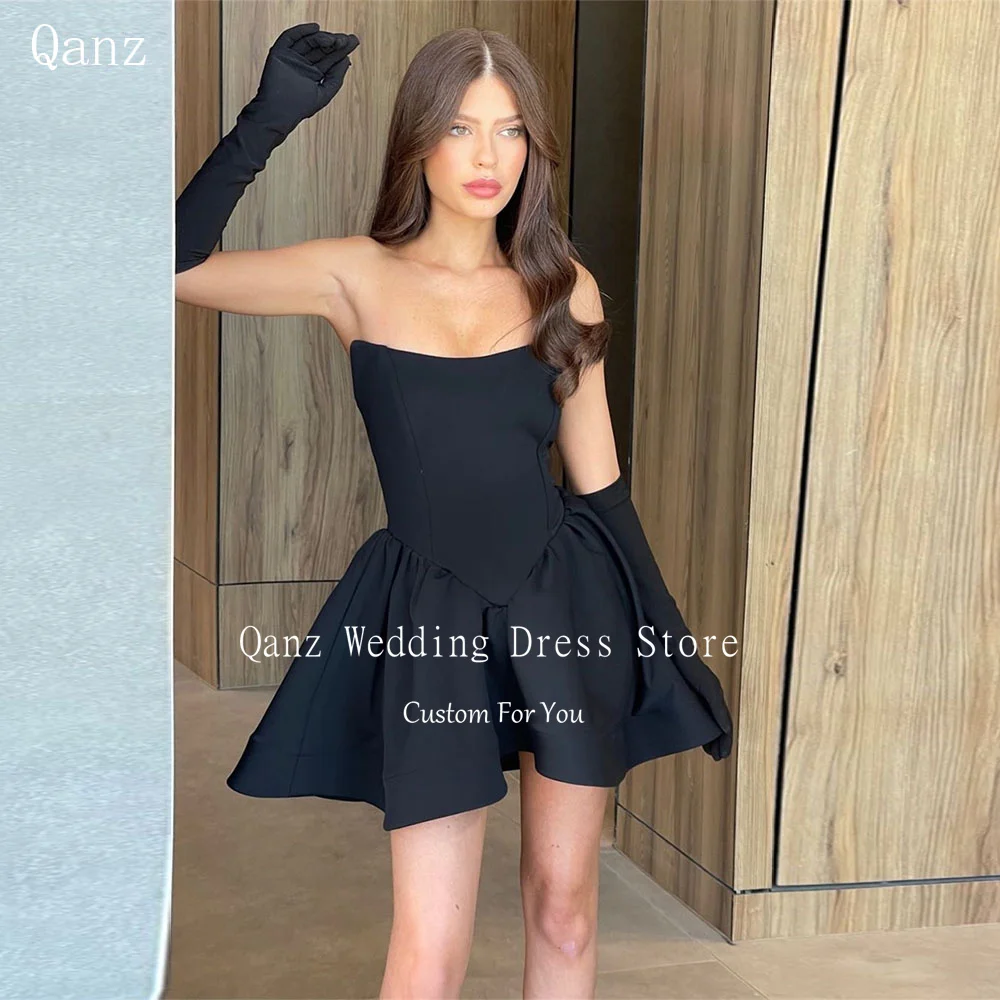 Qanz Mini Black Prom Dresses Strapless Short Satin With Gloves Cocktail Dresses Lace Up Back Vestidos De Graduación Customized