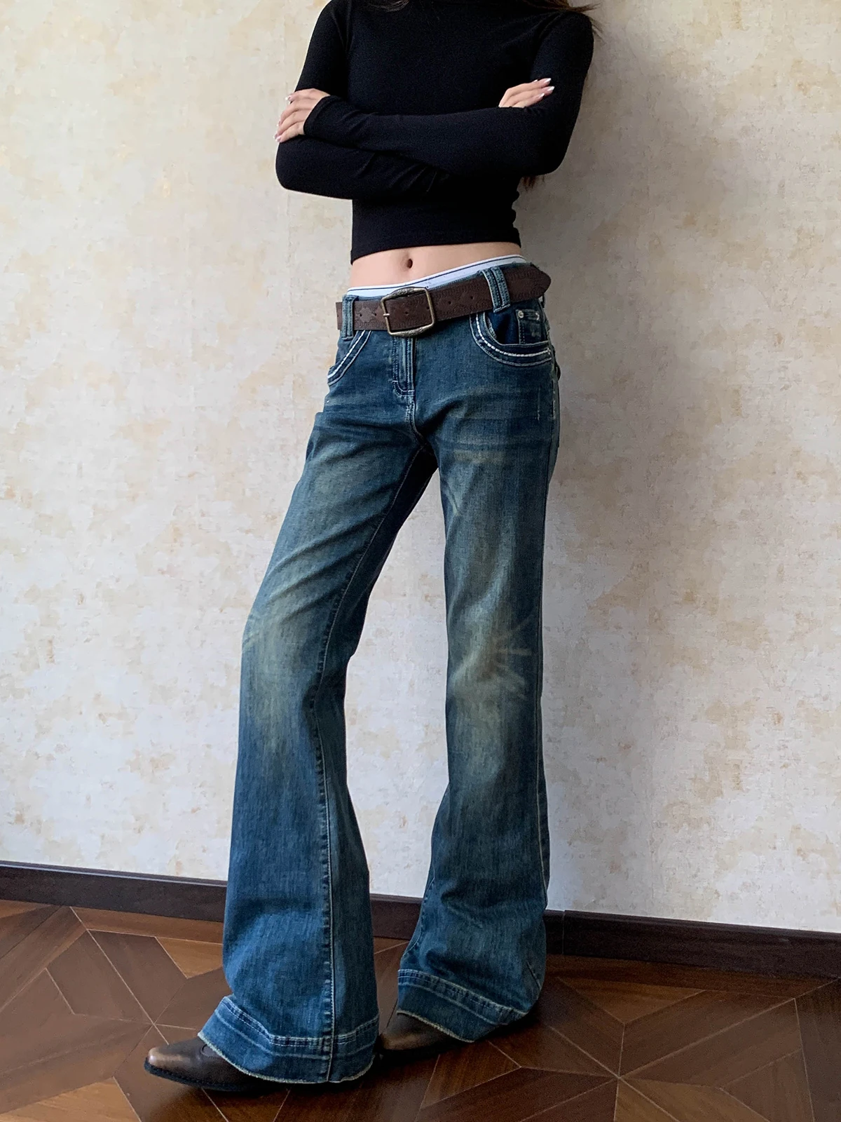 

Джинсы женские с низкой посадкой, расклешенные, облегающие, с эффектом утягивания, в стиле «Hot Girl», повседневные, из хлопка, в американском стиле