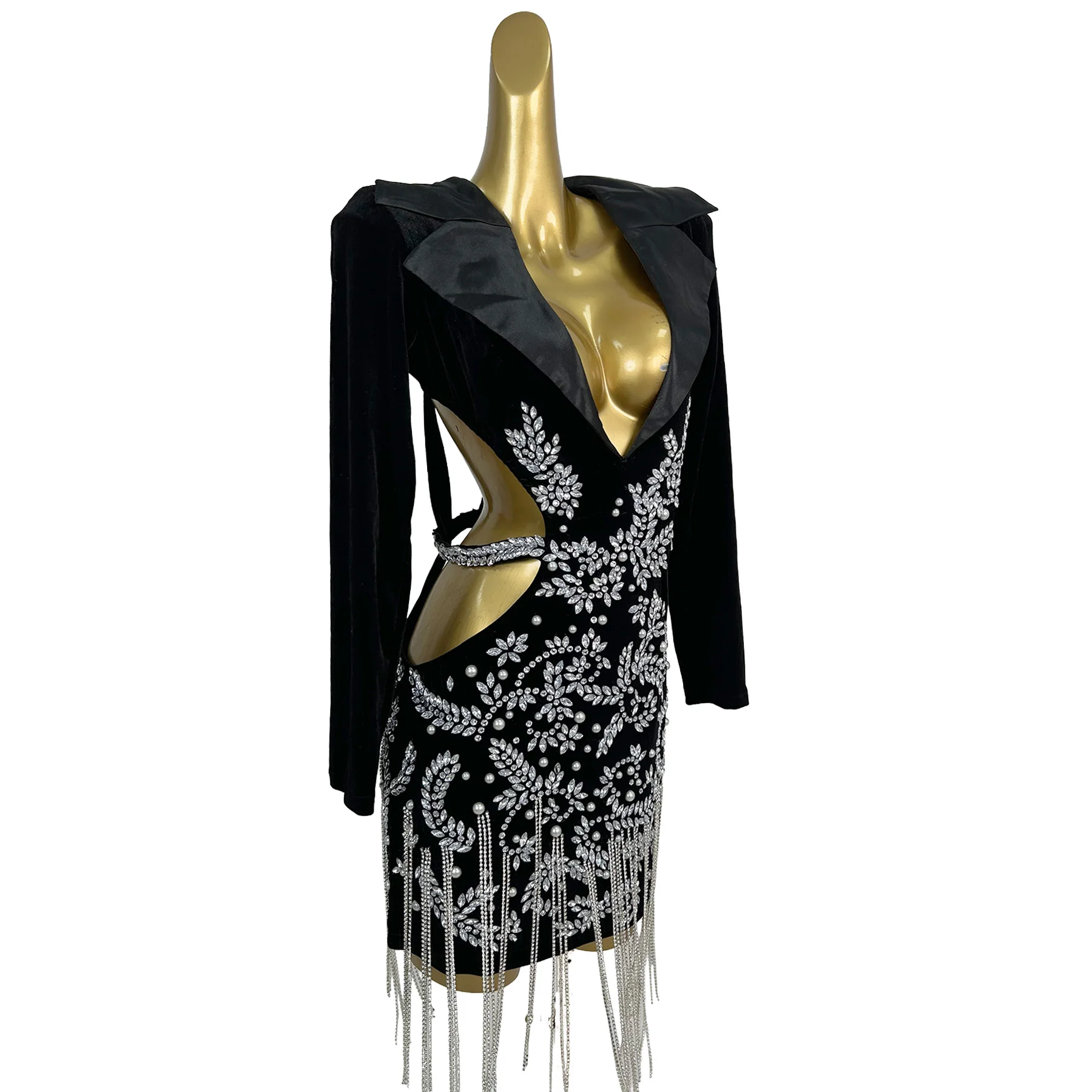 Shanggu Womens Black Velvet Blazer Style Rhinestone Floral Cutout Fringe Bodycon Mini Dress for Evening Party and Club Events
