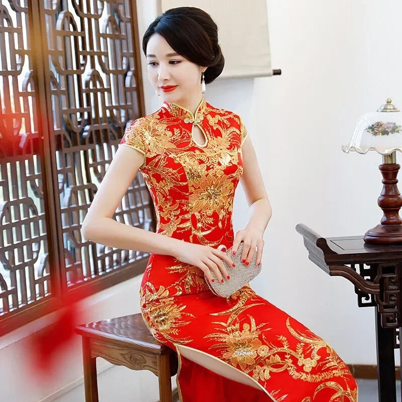 

Red Cheongsam Female Long Noble Young Improved Version Dress Catwalk Performance Mother Slim Sexy Chinese Tradition Qipao