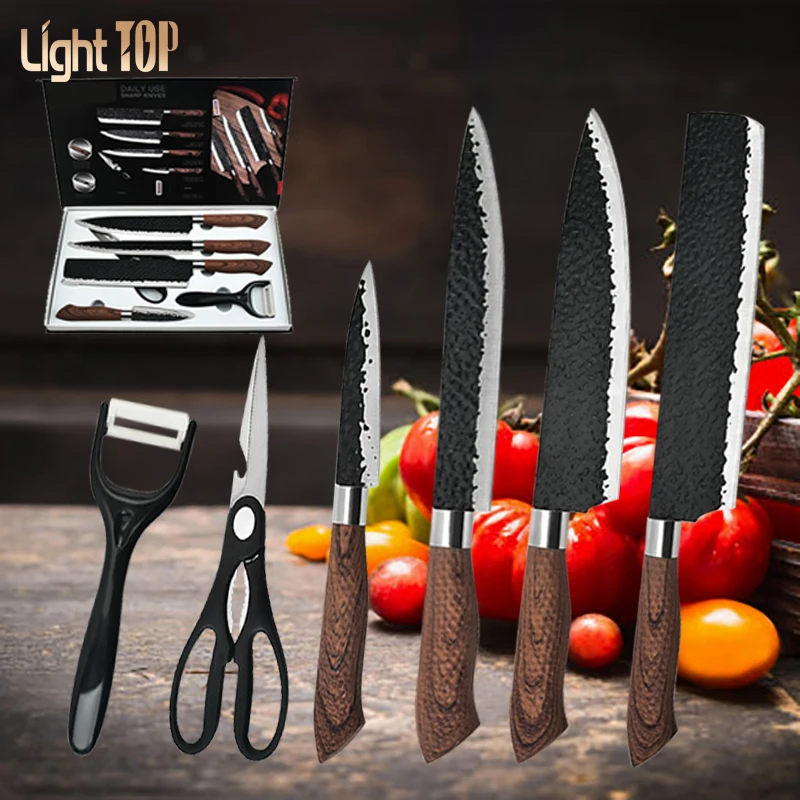 

6Pcs Kitchen Knives Set Hammer Pattern Stainless Steel Slicing Chef Meat Cleaver Sharp Fruit Knife Kitchen Vegetable Scissors