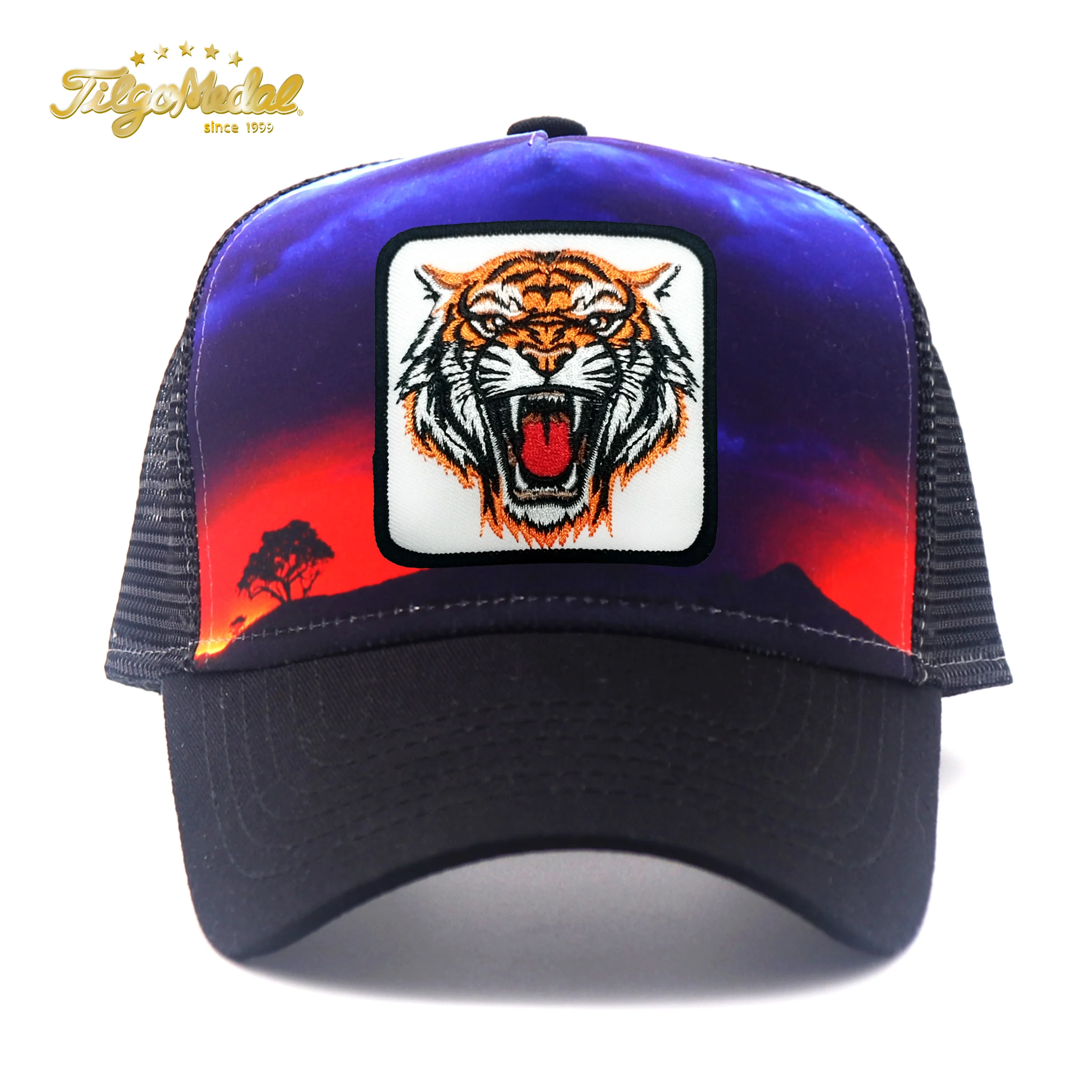 قبعات شبكية لسائقي الشاحنات ، حيوانات المزرعة ، النمر ، شارة التطريز ، قبعات Snapback ، خلفية السافانا الافارقية