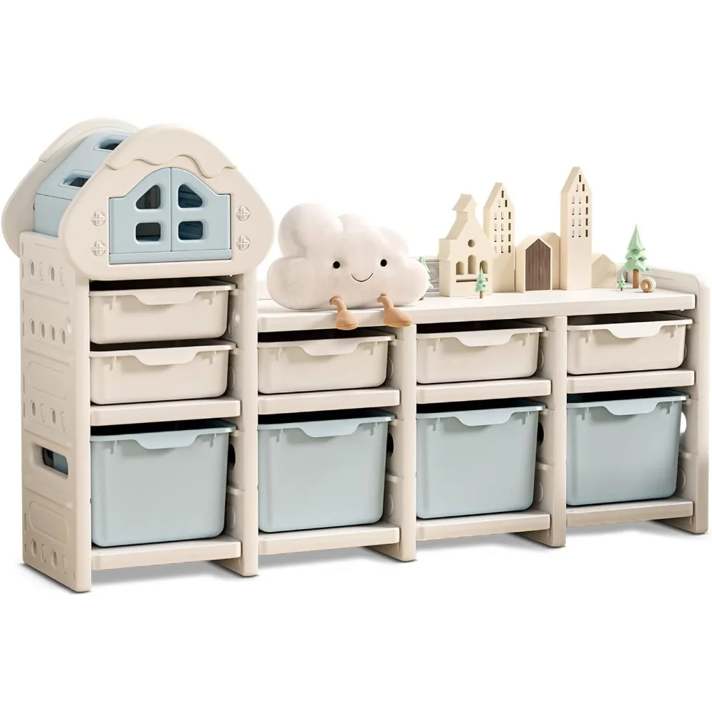 

UNICOO Kids Cream House Storage Organizer with 3-Tier Shelves, Storage Rack & Bins for Nursery, Playroom, Study Room