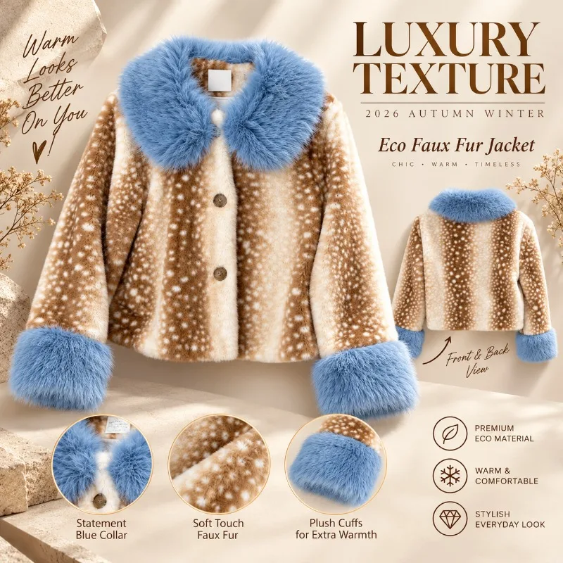 Women Faux Fur Jacket Deer Print Cropped Coat Blue Fur Collar Fluffy Cuffs Warm Winter Fashion Outerwear