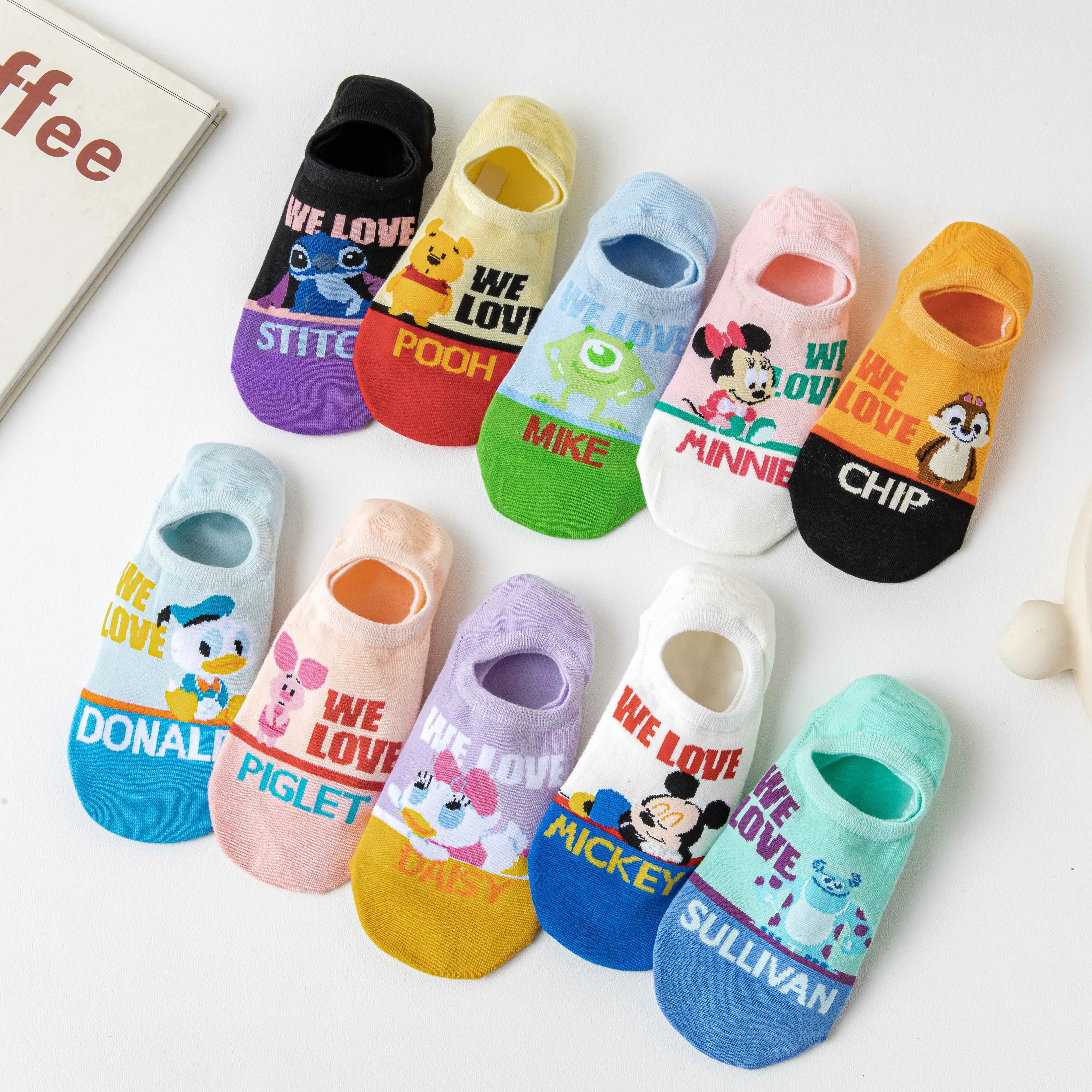 5 Pairs Summer Cartoon Disney Woman Socks Mickey Minnie Donald Stitch Cotton Socks Funny Kawaii Invisible Non-slip Slipper Socks