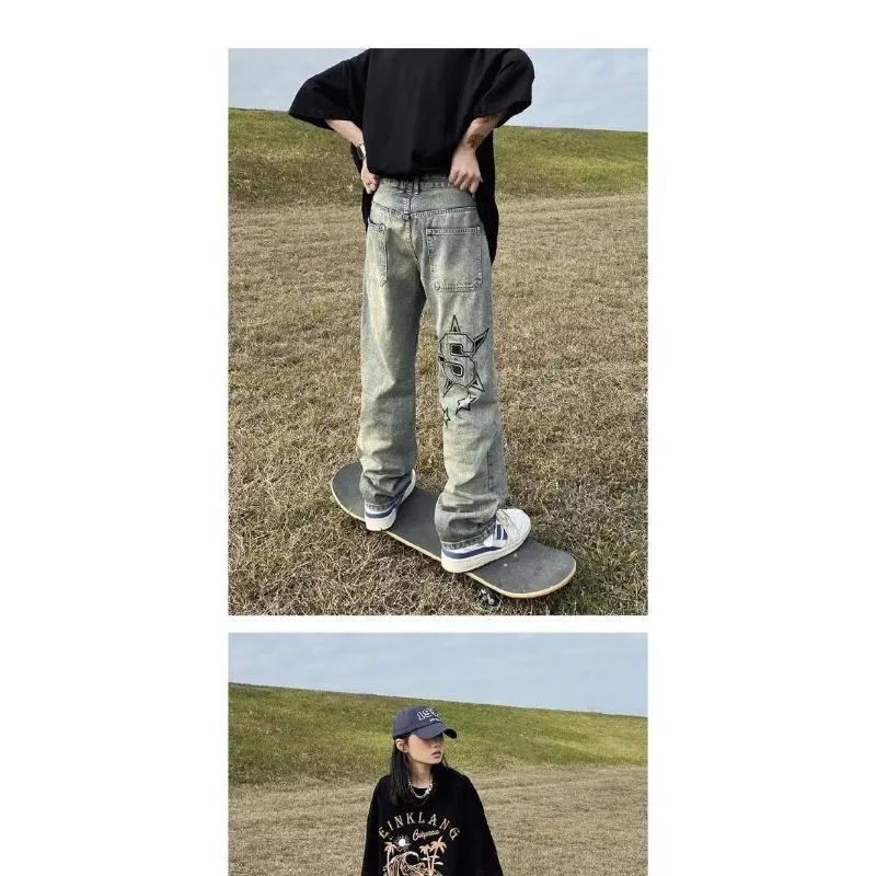 high quality American Style High Street Old Embroidered Jeans Men's Trendy Brand Street Loose Straight Long Pants