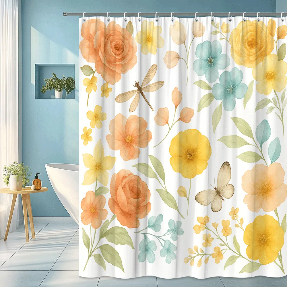 

Занавеска для душа с акварельным цветочным принтом, желтый персик и синие цветы, стрекоза, бабочка, декор в садовом стиле, водонепроницаемый, поднимает пространство