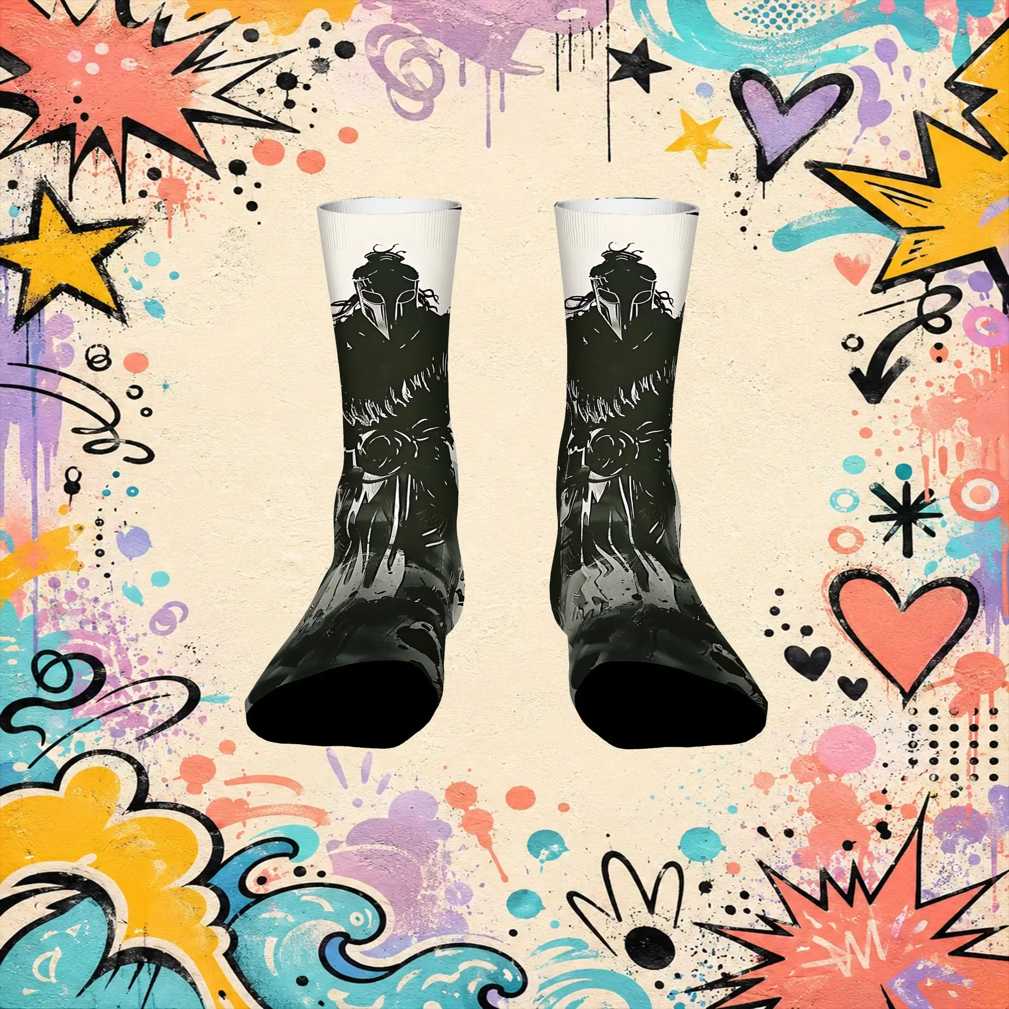 Black White Brave Legend Print Retro  Street Style Novelty Pattern Crew Creative Sock Sports Socks