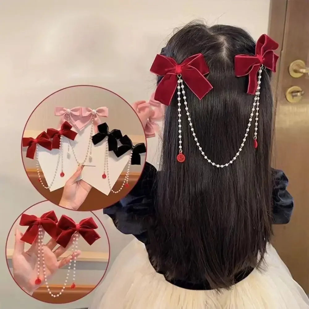 Elegant Tassel Bowknot Hair Clip Hair Side Clip Pearl Chain Bow Tassel Hairpin Headwear Korean Style Ribbon Bow Barrettes Daily